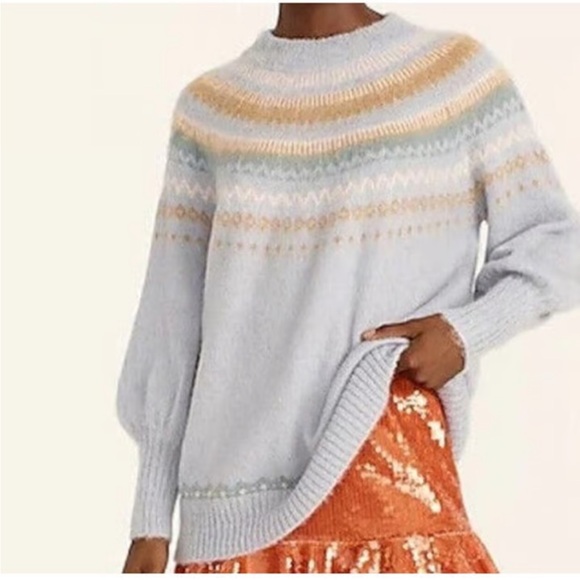 J. Crew Pale Blue Fair Isle Puff Sleeve Relaxed Fit Pullover Sweater Size XS - Picture 2 of 14